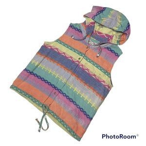 Vintage Angelique Vest Colorful Easter Rainbow W/ Hood Size Large 90's Button Up